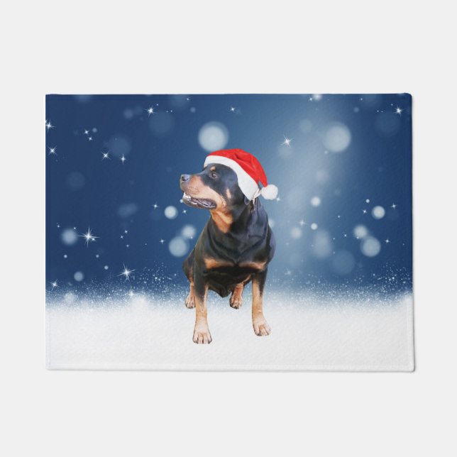 Paillasson Jote Rottweiler Chien Noël Santa Hat Étoiles de ne (Devant)