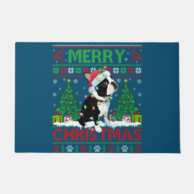 Paillasson Joyeux éclairage de Noël laide Boston Terrier Chri (Devant)