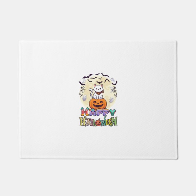Paillasson Joyeux Halloween Chat Blanc Citrouille Lune Chauve (Devant)