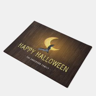 Paillasson Joyeux Halloween Chauve-Souris & Lune Fond Rustiqu
