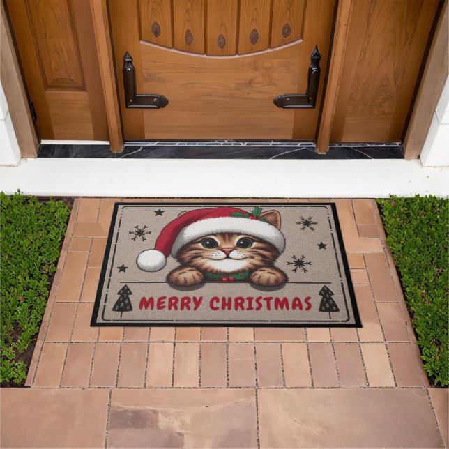 Paillasson Joyeux Noël Mischievous Tabby Chat, Noël Kitten (De plein air)