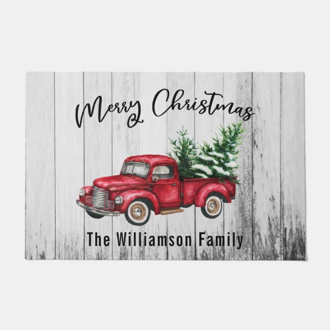 Paillasson Joyeux Noël Rouge Camion Vintage & Arbre Ferme (Devant)