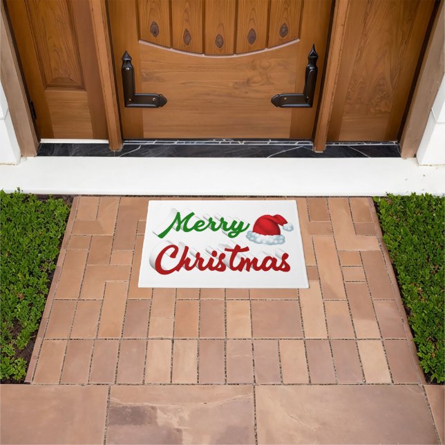 Paillasson Joyeux Noël Santa Chapeau rouge vert script (De plein air)