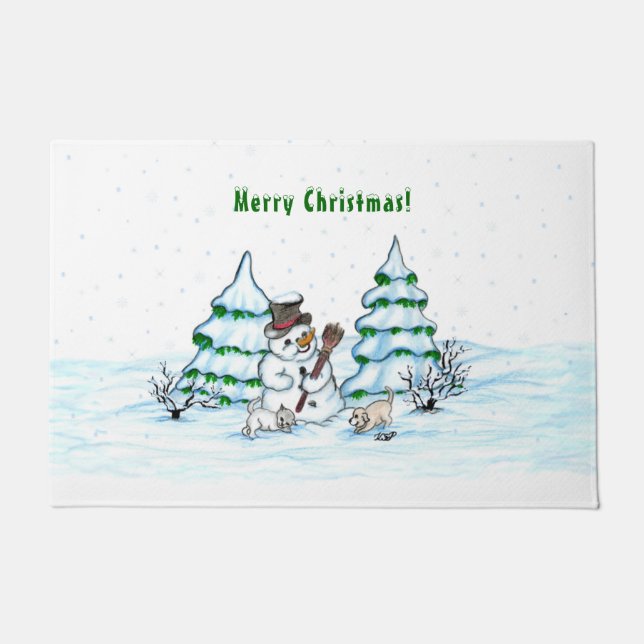 Paillasson Joyeux Noël ! Snowman avec chat et chiot (Devant)