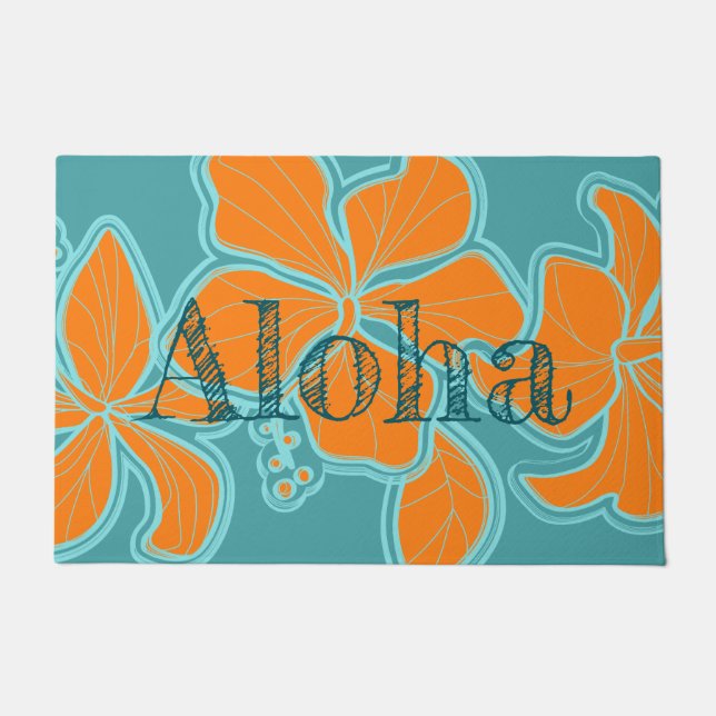Paillasson Ketmie Aloha Teal floral hawaïen de Kailua (Devant)