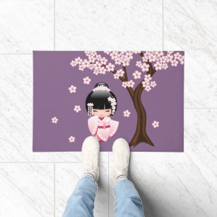 Paillasson Kimono rose Kawaii Kokeshi sur Violet