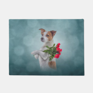 Paillasson Le chien de Jack Russell Terrier tient un bouquet