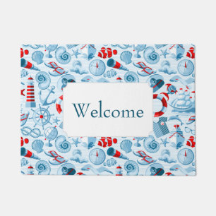 Paillasson Le motif blanc et bleu rouge nautique ajoutent