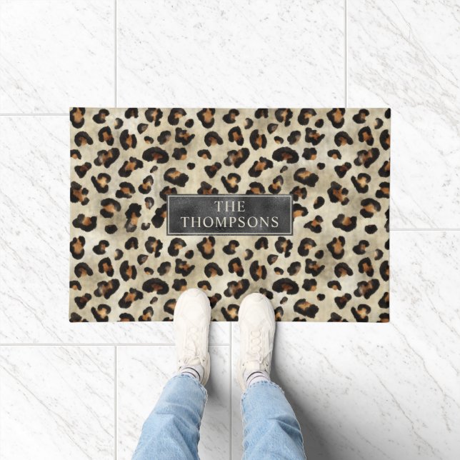 Paillasson Leopard Animal Print With Black Faux Foil And Name (Intérieur)