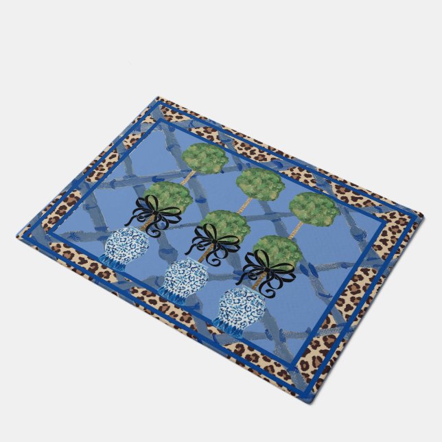 Paillasson Leopard Bleu Bambou Chinoiserie Ginger Jar Doormat (Incliné)