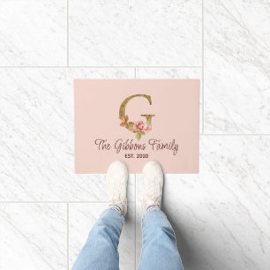 Paillasson Lettre de nom personnalisée G Roses roses blush en