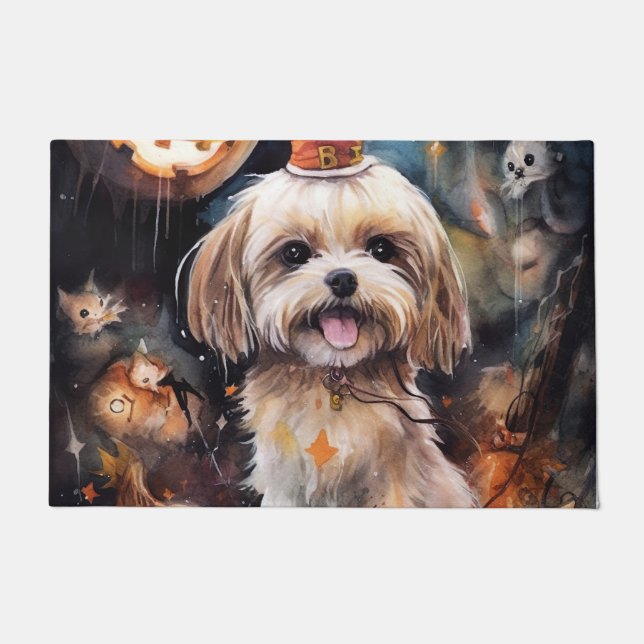 Paillasson Lhasa Apso Halloween avec citrouilles effrayant  (Devant)