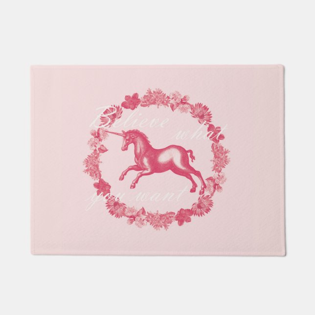 Paillasson Licorne rose et fleurs (Devant)