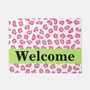 Paillasson Lime blanche rose Vert Peau léopard Bienvenue