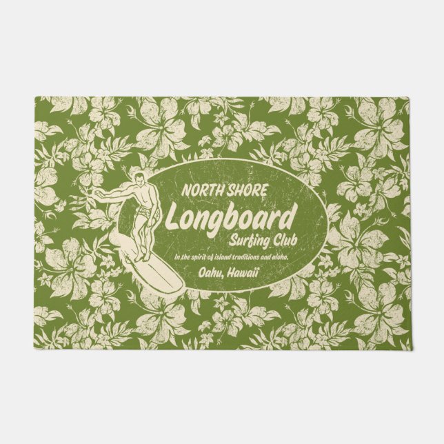 Paillasson Logo Club Surfing Longboard et Hibiscus Vert (Devant)