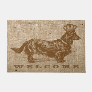 Paillasson Long Haired Daschund Chien W/ Couronne Vintage