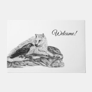 Paillasson Loup et corbeau - Design noir et blanc