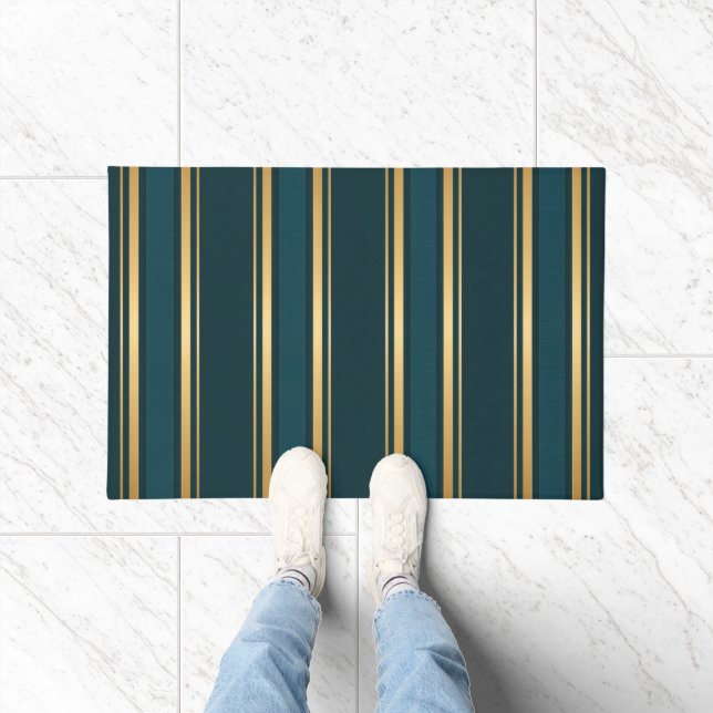 Paillasson Luxury Blue Green Gold Stripe Gift Wrap Pattern (Intérieur)