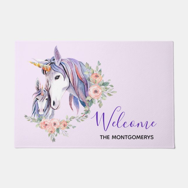 Paillasson Magique Unicorn Maman & Baby Aquarelle Bienvenue (Devant)