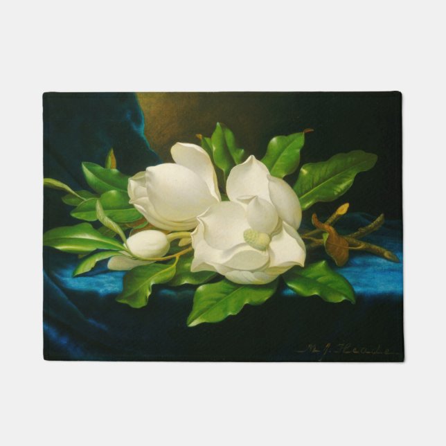 Paillasson Magnolias géant sur un tissu de velours bleu (tête (Devant)