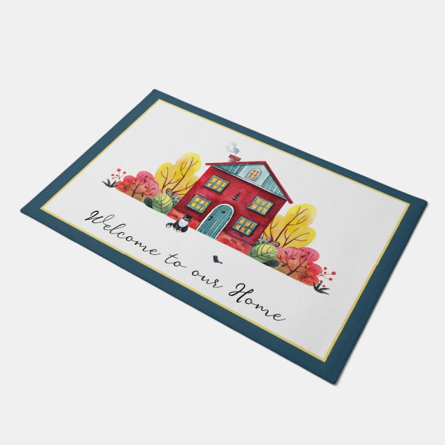 Paillasson Maison d'automne et chat  (Incliné)