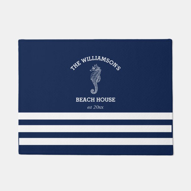 Paillasson Maison de plage rayée bleu marine et blanc | Hippo (Devant)