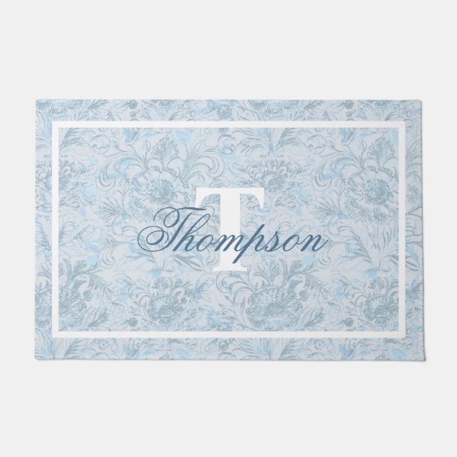 Paillasson Maison Française Dusty Blue Floral Monogramme (Devant)
