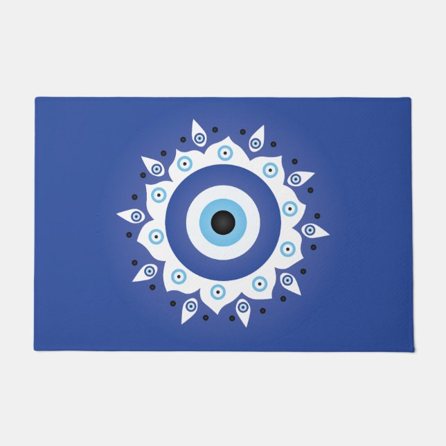 Paillasson Mandala Grec Mal Oeil Bleu Blanc (Devant)