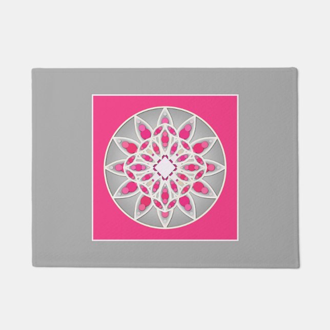 Paillasson Mandala motif en rose fushia, blanc et gris do (Devant)