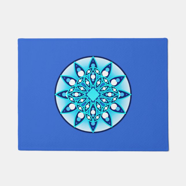 Paillasson Mandala motif, turquoise, bleu cobalt et blanc (Devant)