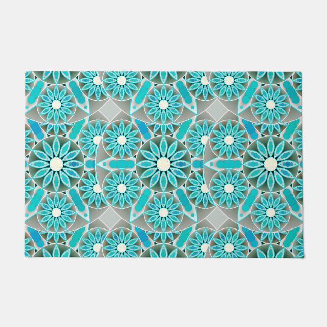 Paillasson Mandala motif, turquoise, gris argenté et blanc (Devant)