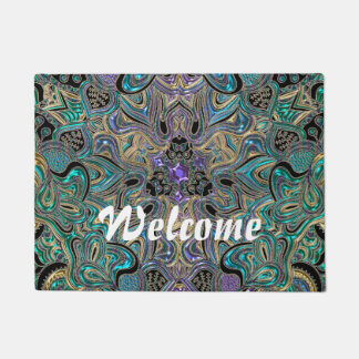 Paillasson Mandala noir pourpre d'or turquoise