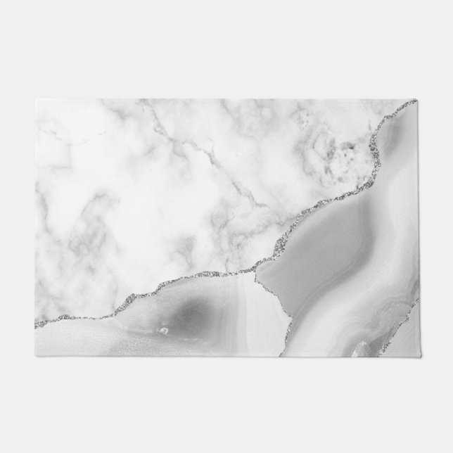 Paillasson Marbre Blanc Agate Grise Paillettes Argentées (Devant)