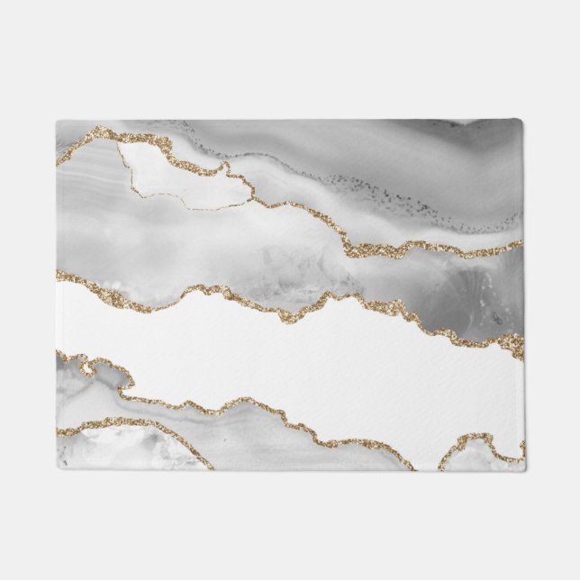 Paillasson Marbre Blanc Agate Raffiné Paillettes Dorées (Devant)