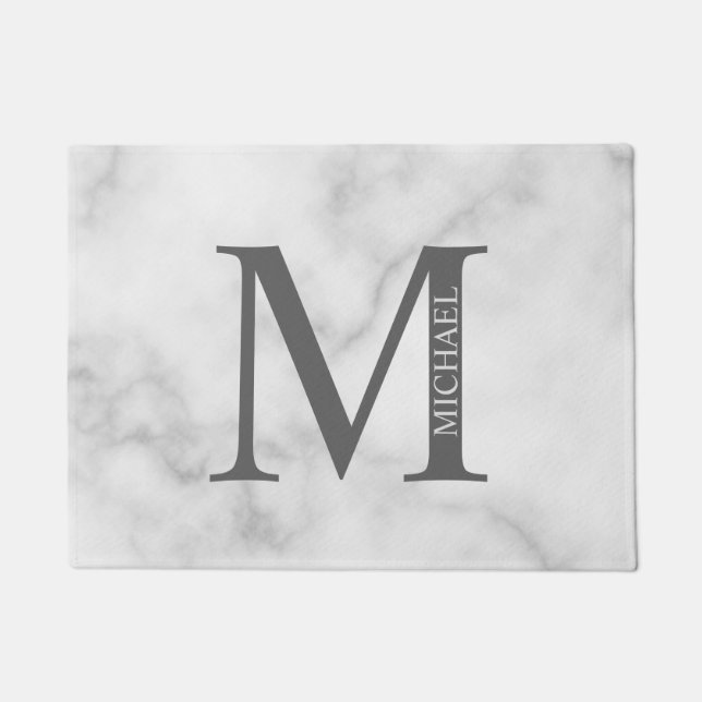 Paillasson Marbre blanc Monogramme personnalisé et nom (Devant)