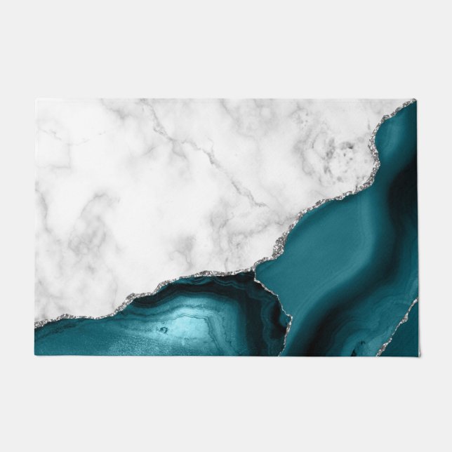 Paillasson Marbre blanc paillettes argentées agate bleu sarce (Devant)
