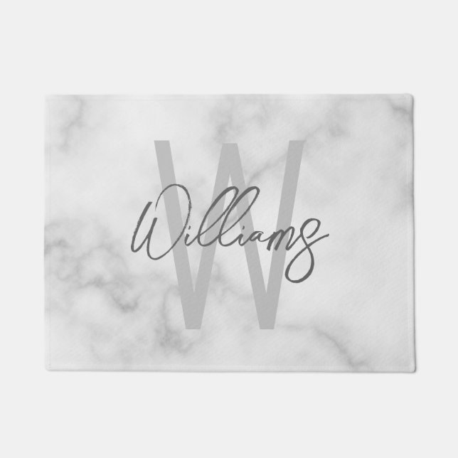 Paillasson Marbre blanc Script Monogramme personnalisé et nom (Devant)