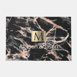 Paillasson Marbre d'or noir et Rose, Noms blancs et Monogramm