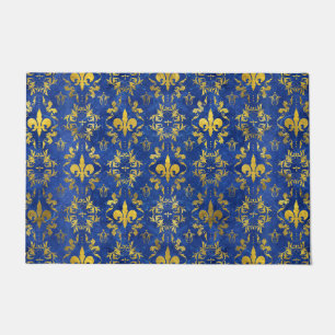 Paillasson Marbre et or bleu motif Fleur de lis