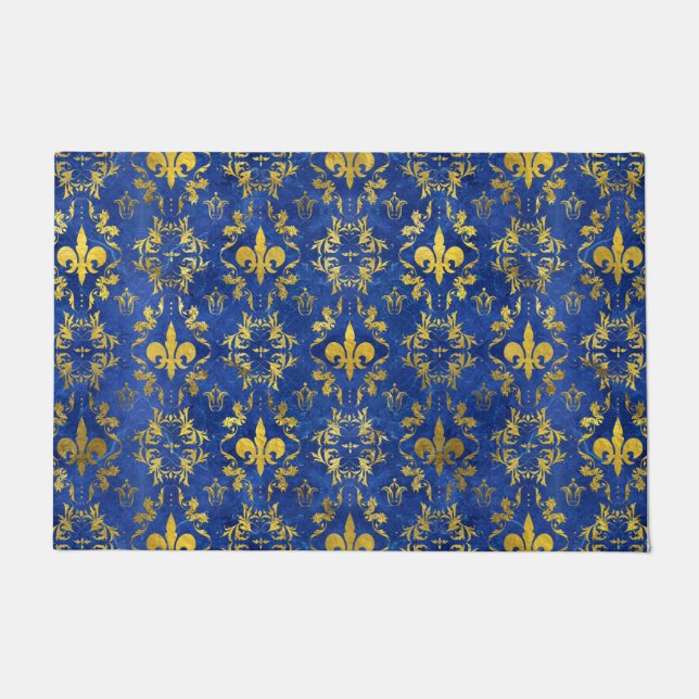 Paillasson Marbre et or bleu motif Fleur de lis (Devant)