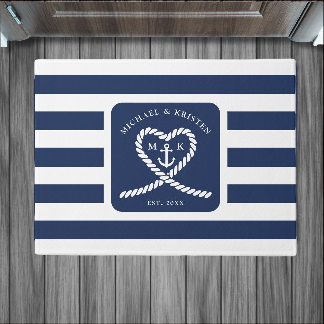 Paillasson Mariage coeur d'ancrage de corde rayée bleu marine (Nautical Blue Striped Rope Heart Anchor Wedding Doormat)