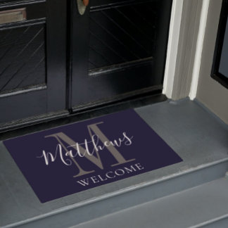 Paillasson Mariage de jeunes mariés bleu gris monogramme Navy