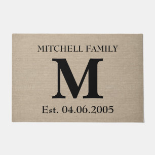 Paillasson Mariage initial rustique de toile de jute de toile