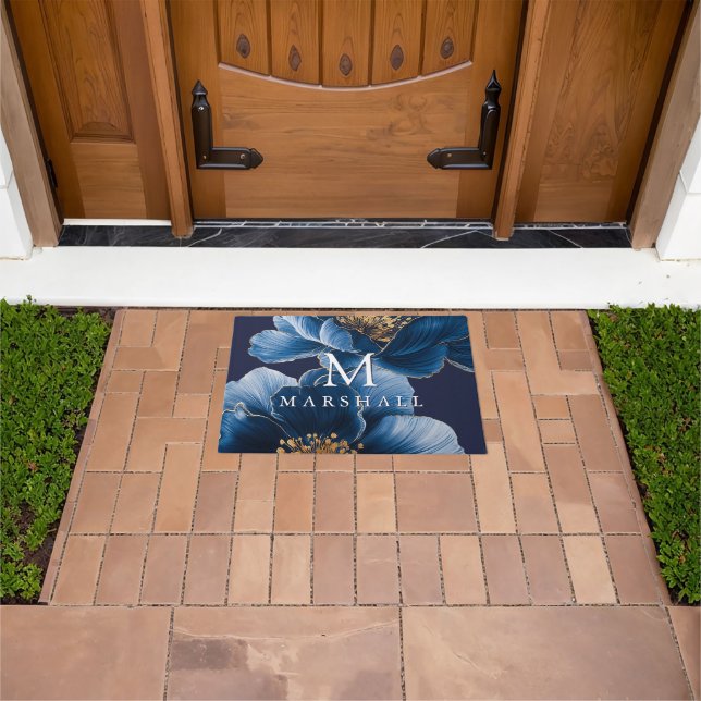 Paillasson Marine Blue Gold Elegant Floral Monogramme Nom de  (De plein air)