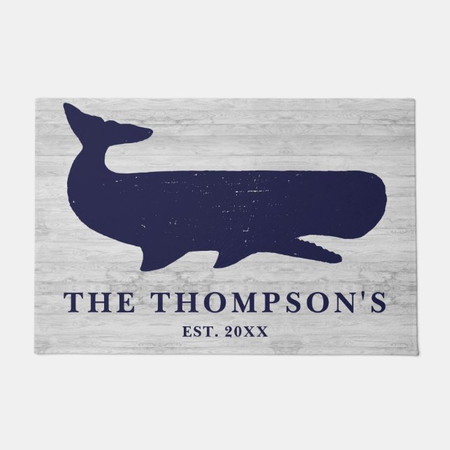 Paillasson Marine Nautique Bleu Nom de famille Whale Vacation (Devant)