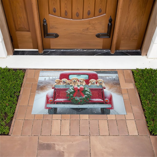 Paillasson Marionnettes Golden Retriever En Camion Rouge Noël (De plein air)