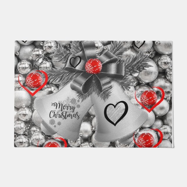 Paillasson Mat de la porte de Noël, cloches d'argent (Devant)