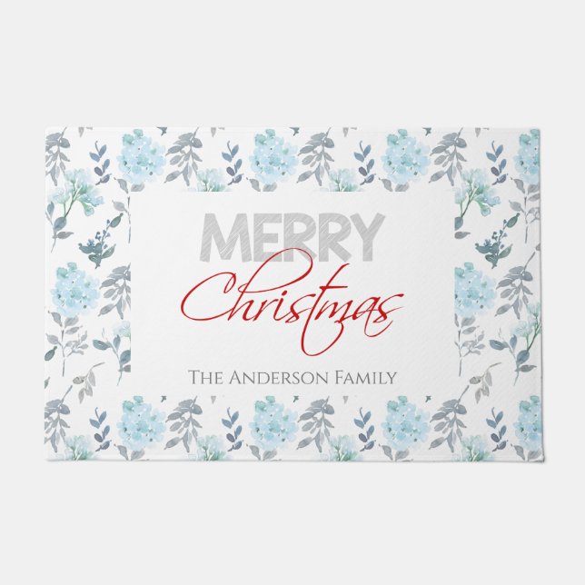 Paillasson Mat de porte bleu-argent et d'aquarelle fleurie (Devant)