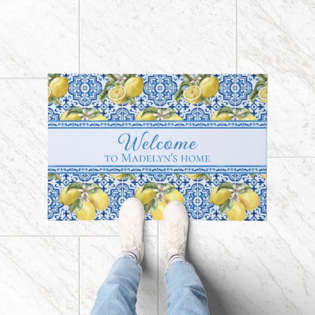 Paillasson Mediterranean Lemon Blue Tile Personalized Welcome (Intérieur)