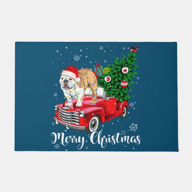 Paillasson Merry Christmas English Bulldog Santa Red Truck Xm (Devant)